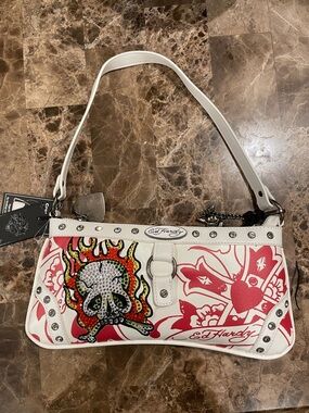 Ed Hardy White Shoulder Bag with Pink Graphic Skull